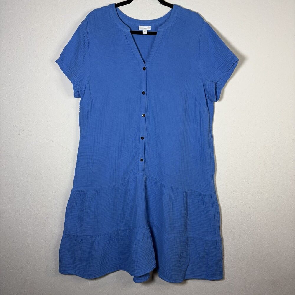J. Jill Pure Jill Blue Cotton Gauze Tiered Dress Womens L Short Sleeve